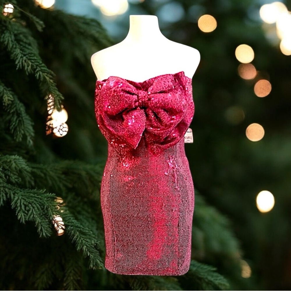 TORN RONNY KOBO Strapless Fushia Sequin Body Con Dress with Dramatic Bow SM